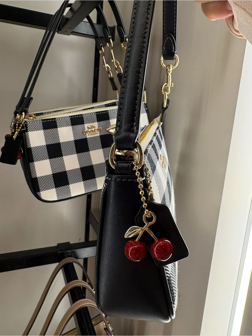 Coach Black & White Buffalo Check Shoulder Bag with Gold Hardware